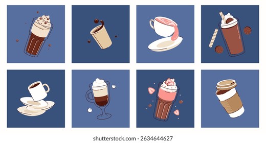 Conjunto de carteles lindos de la taza de café, Anuncios, diferentes tipos de bebidas