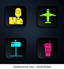 Set Coffee cup , Entrega de cajas de cartón , Abrir buzón y Plano . Botón cuadrado negro. Vector