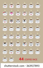 Set of coffee cup with different emotions. Emoticons icon set.