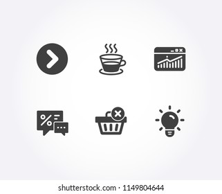 Set of Coffee cup, Discounts and Website statistics icons. Delete purchase, Forward and Light bulb signs. Tea mug, Best offer, Data analysis. Remove from basket, Next direction, Lamp energy. Vector