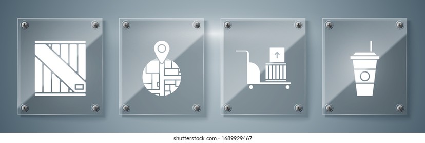 Set Coffee cup , Electric hand truck and boxes , Placeholder on map paper in perspective  and Wooden box . Square glass panels. Vector