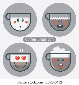 Set of coffee cup emoticons. Collection with different expressions. Flat design. Avatars,cards,stickers,sites,calendars. Vector illustration