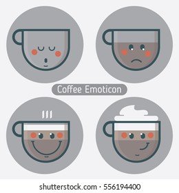 Set of coffee cup emoticons. Collection with different expressions. Flat design. Avatars,cards,stickers,sites,calendars. Vector illustration
