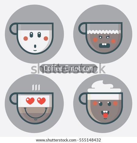 Set of coffee cup emoticons. Collection with different expressions. Flat design. Avatars,cards,stickers,sites,calendars. Vector illustration