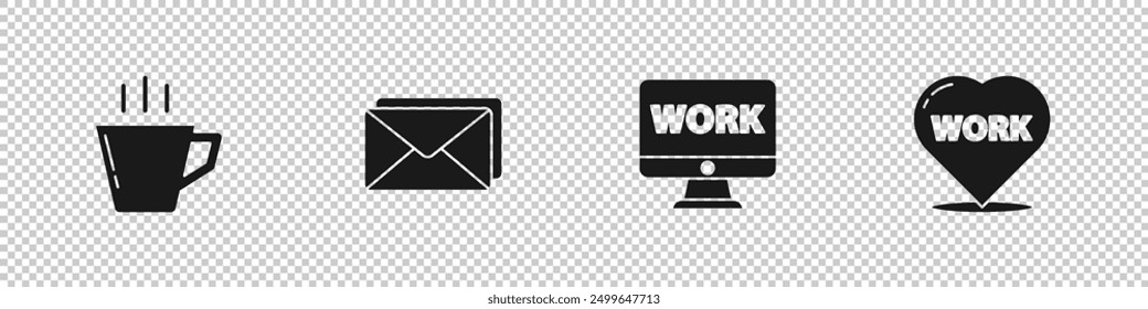 Set Coffee cup, Envelope, Monitor with text work and Heart icon. Vector