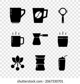 Set Coffee cup, filter holder, bean, branch, Pour over coffee maker, Milkshake,  and turk icon. Vector