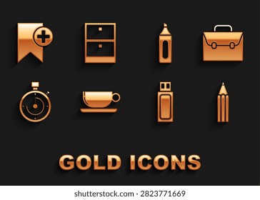 Set Coffee cup flat, Briefcase, Pencil, USB flash drive, Marker pen, Bookmark and Archive papers drawer icon. Vector