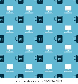 Set Coffee cup flat and Computer monitor with keyboard on seamless pattern. Vector