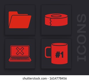 Set Coffee cup flat, Document folder, Scotch and Laptop and cross mark on screen icon. Vector