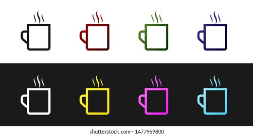 Set Coffee cup flat icon isolated on black and white background. Tea cup. Hot drink coffee.  Vector Illustration
