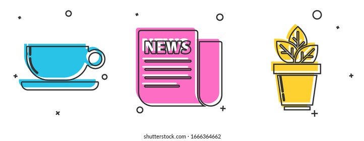 Set Coffee cup flat, News and Flowers in pot icon. Vector