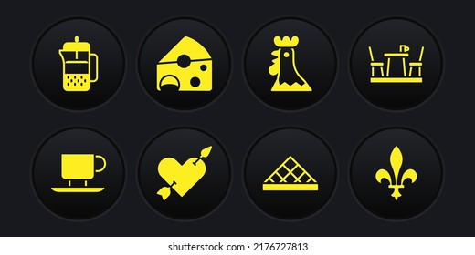 Set Coffee cup, French cafe, Amour with heart and arrow, Louvre museum, rooster, Cheese, Fleur De Lys and press icon. Vector