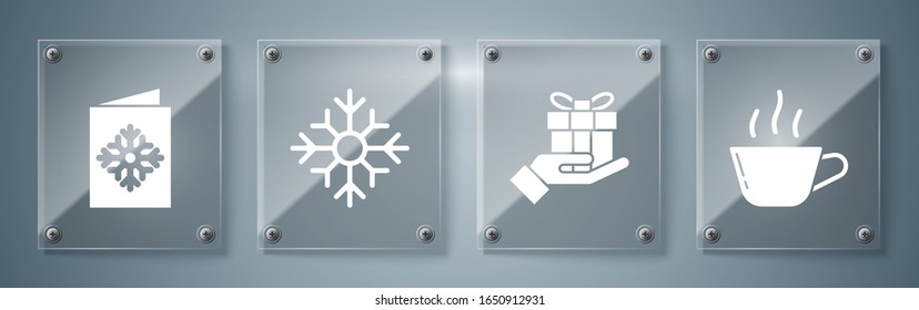 Set Coffee cup, Gift box in hand, Snowflake and Christmas postcard. Square glass panels. Vector