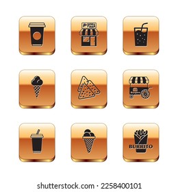 Set Coffee cup, Glass with water, Ice cream in waffle cone, Nachos, Burrito and Pizzeria building facade icon. Vector