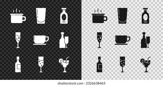 Set Coffee cup, Glass with water, Alcohol drink Rum, Champagne bottle, champagne, Cocktail,  and  icon. Vector