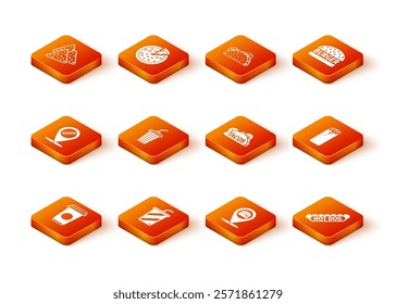 Set Coffee cup, Glass with water, Location hotdog, burger, Taco tortilla, Hotdog sandwich and Burrito icon. Vector