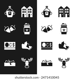 Set Coffee cup to go, Acorn, Maple syrup, House, Canadian dollar, Canada map, Moose head with horns and Kayak canoe icon. Vector