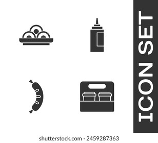 Set Coffee cup to go, Asian noodles in bowl, Hotdog and Sauce bottle icon. Vector