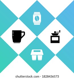 Ajuste la taza de café, para que se vaya, los granos de café de bolsitas y el icono del molino manual. Vector.
