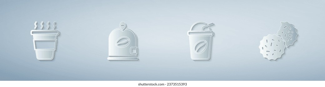 Set Coffee cup to go, Bag coffee beans, Iced and Cookie or biscuit. Paper art style. Vector