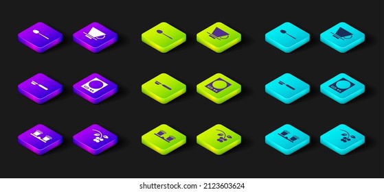 Set Coffee cup to go, bean, branch, filter holder, Electronic scales, V60 coffee maker and Spoon icon. Vector