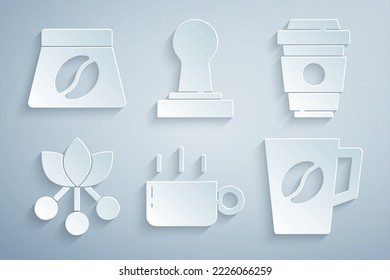 Set Coffee cup, to go, bean, branch, tamper and Bag coffee beans icon. Vector