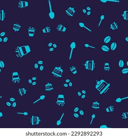 Set Coffee cup to go, beans, Teaspoon and Piece cake on seamless pattern. Vector