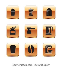 Ponga la taza de café en marcha, frijoles, turcos, molino de café manual, Bolsa, máquina y icono de la olla de moca. Vector