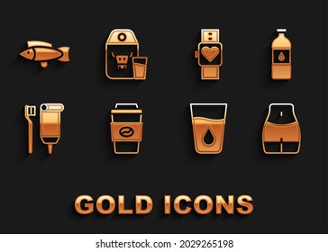 Set Coffee cup to go, Bottle water, Women waist, Glass with, Toothbrush and toothpaste, Smart watch, Fish and Paper package for milk icon. Vector