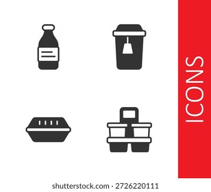 Establecer taza de café para ir, agua de la botella, caja de almuerzo y taza de té icono. Vector