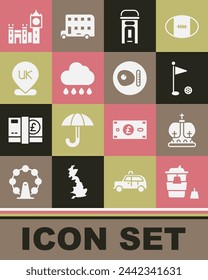 Set Coffee cup to go, British crown, Golf flag, London phone booth, Cloud with rain, Location England, Big Ben tower and breakfast icon. Vector