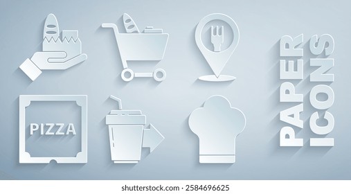 Set Coffee cup to go, Cafe and restaurant location, Pizza in cardboard box, Chef hat, Shopping cart food and Online ordering delivery icon. Vector