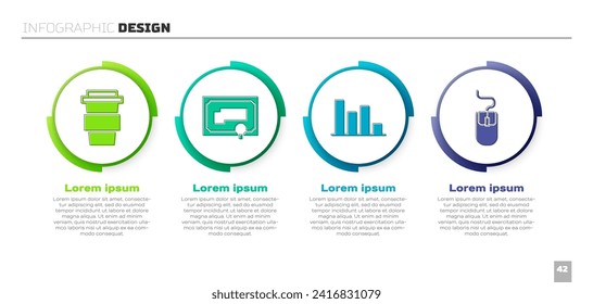Set Coffee cup to go, Certificate template, Pie chart infographic and Computer mouse. Business infographic template. Vector