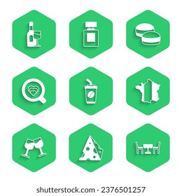 Set Coffee cup to go, Cheese, French cafe, Map France, Wine glass, Macaron cookie and bottle with icon. Vector