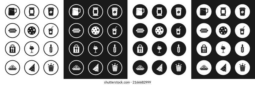 Set Coffee cup to go, Cookie or biscuit, Hotdog sandwich, Wooden beer mug, Paper glass with straw, Bag packet potato chips,  and Online ordering delivery icon. Vector