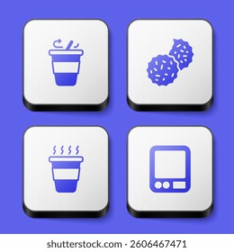 Set Coffee cup to go, Cookie or biscuit,  and Electronic coffee scales icon. White square button. Vector