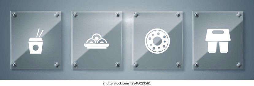 Set Coffee cup to go, Donut, Asian noodles in bowl and and chopsticks. Square glass panels. Vector