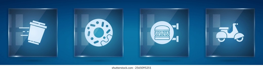 Set Coffee cup to go, Donut, Online ordering burger delivery and Scooter. Square glass panels. Vector