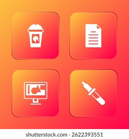 Set Coffee cup to go, File document, Computer monitor screen and Pipette icon. Vector