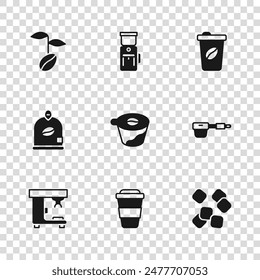 Set Coffee cup to go, filter holder, Sugar cubes, Pour over coffee maker, beans, Electric grinder and Bag icon. Vector
