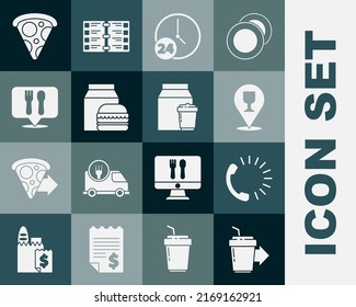 Set Coffee cup to go, Food ordering, Alcohol beer bar location, Clock 24 hours, Online and burger delivery, Cafe restaurant, Slice pizza and  icon. Vector
