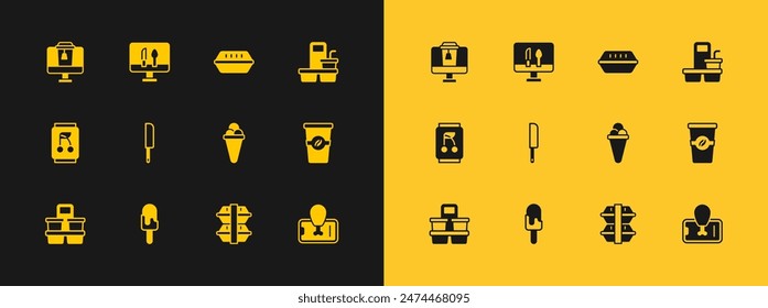 Set Coffee cup to go, Ice cream, in waffle, Lunch box, Knife, Online ordering food and  icon. Vector