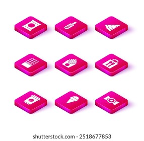 Set Coffee cup to go, Ice cream in waffle cone, Chocolate bar, Potatoes french fries box, Candy, Online ordering delivery, Slice pizza and Hotdog sandwich icon. Vector