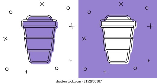 Establezca la taza de café para que aparezca un icono aislado sobre fondo blanco y púrpura.  Vector