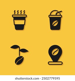 Set Taza de café para llevar, Locación con grano de café, frijoles e icono helado con sombra larga. Vector