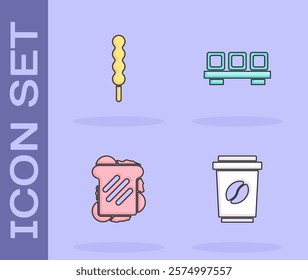 Set Coffee cup to go, Lollipop, Sandwich and Sushi on cutting board icon. Vector