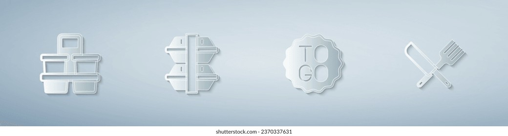 Set Coffee cup to go, Lunch box,  and Crossed knife and fork. Paper art style. Vector