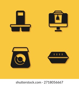 Set taza de café para llevar, caja de almuerzo, pedidos en línea de alimentos e icono con sombra larga. Vector