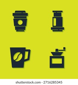 Set Coffee cup to go, Manual coffee grinder,  and Aeropress icon. Vector