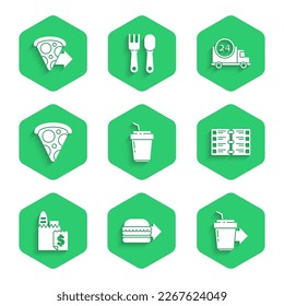 Kaffee-Tasse zum Mitnehmen, Online-Bestellung der Hamburger-Lieferung, Restaurant-Café-Menü, Slice Pizza, Schnell mit dem Auto und Icon. Vektorgrafik
